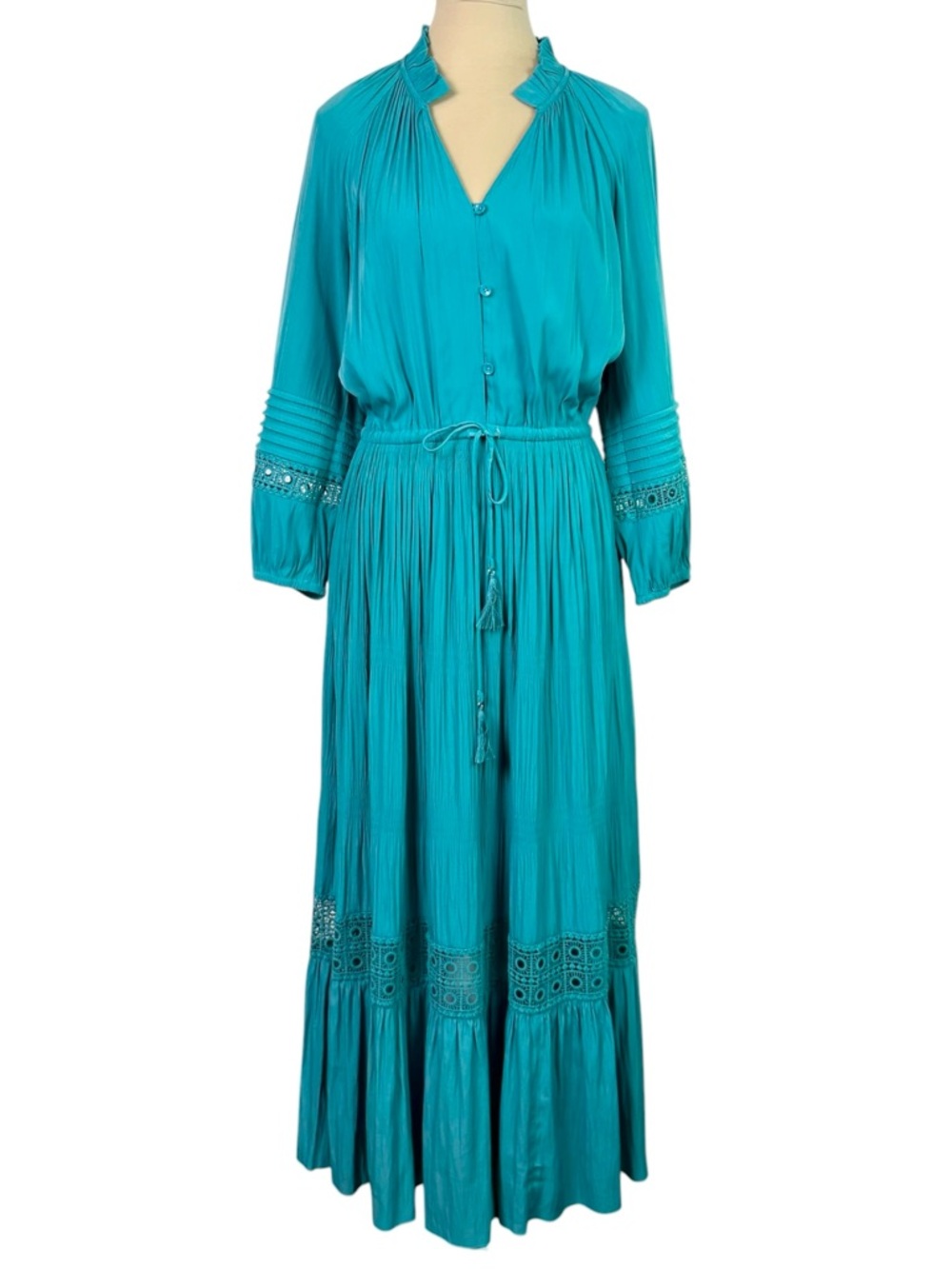 Chico’s Teal Blue/Turquoise Flowy Maxi Dress Crochet Trim Long Sleeve Size 6
